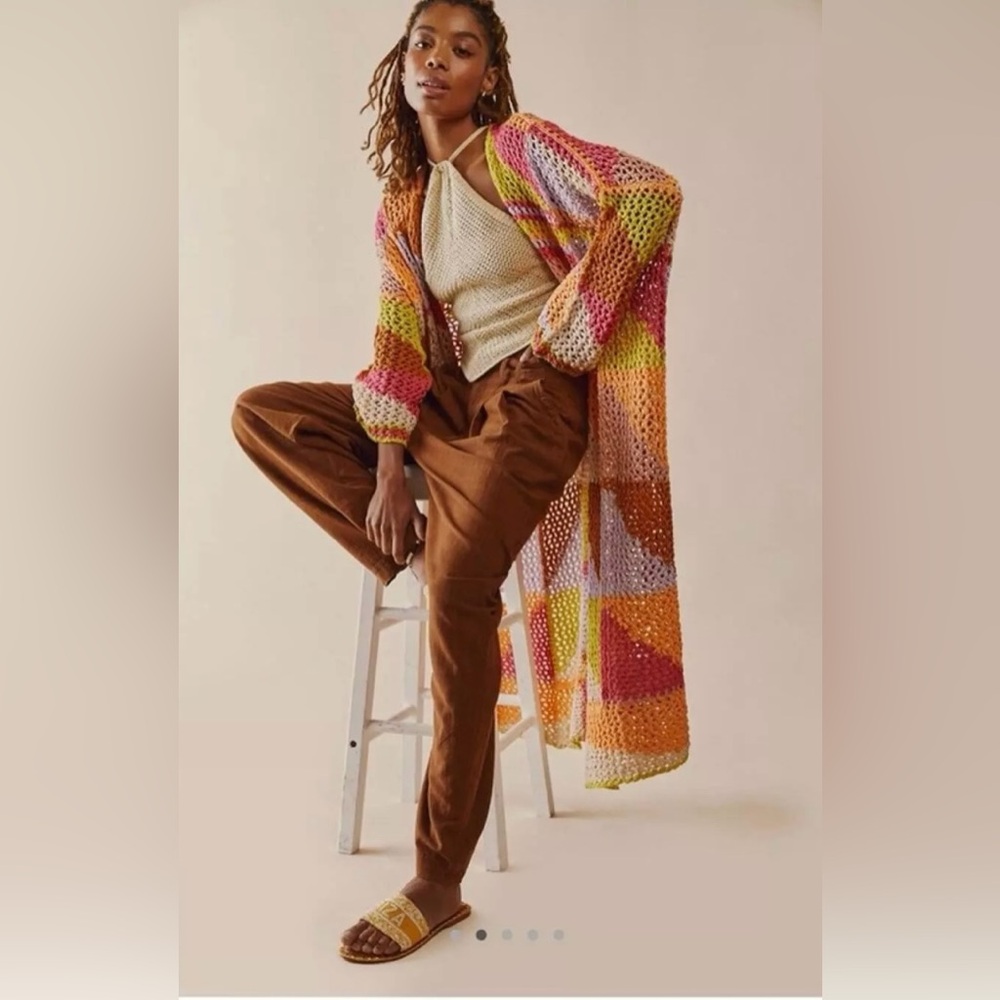 Free People Chasing Rainbows Tropical Combo Open Front Knit Maxi Cardi Kimono